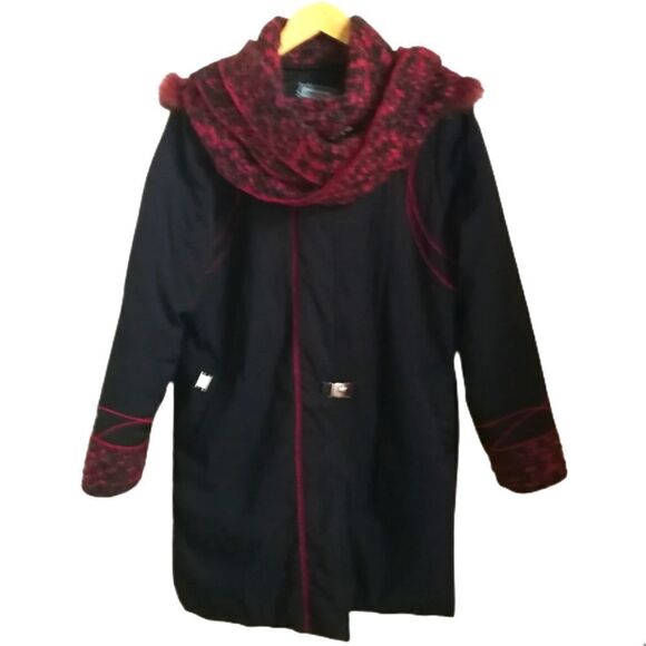 EPSILON Black & Red Boiled Wool Zipper Front Scarf & Hood Winter Jacket Large - Picture 1 of 14